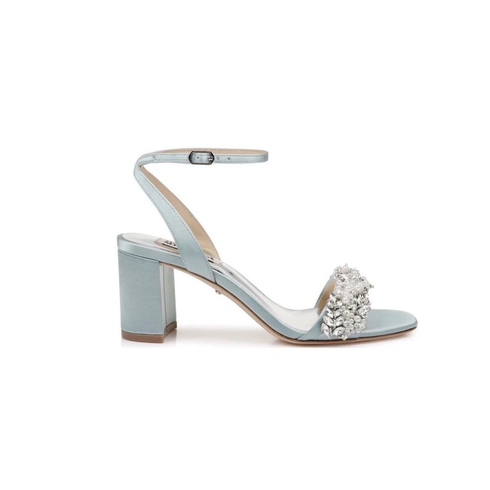 Badgley Mischka Clara Light Blue Satin Embellished Block Heel Sandals 8.5 Preppy